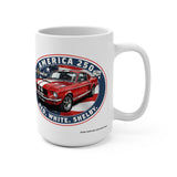 White mug with a red car design featuring 'Red. White. Shelby.' text on a white background
