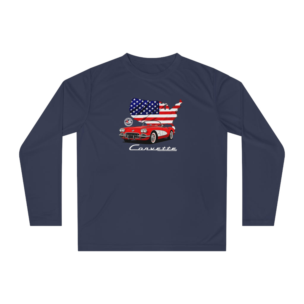 C1 Corvette American Flag Hooded Performance Long Sleeve Tee Legends of the Road – Perfect for the Corvette Fan
