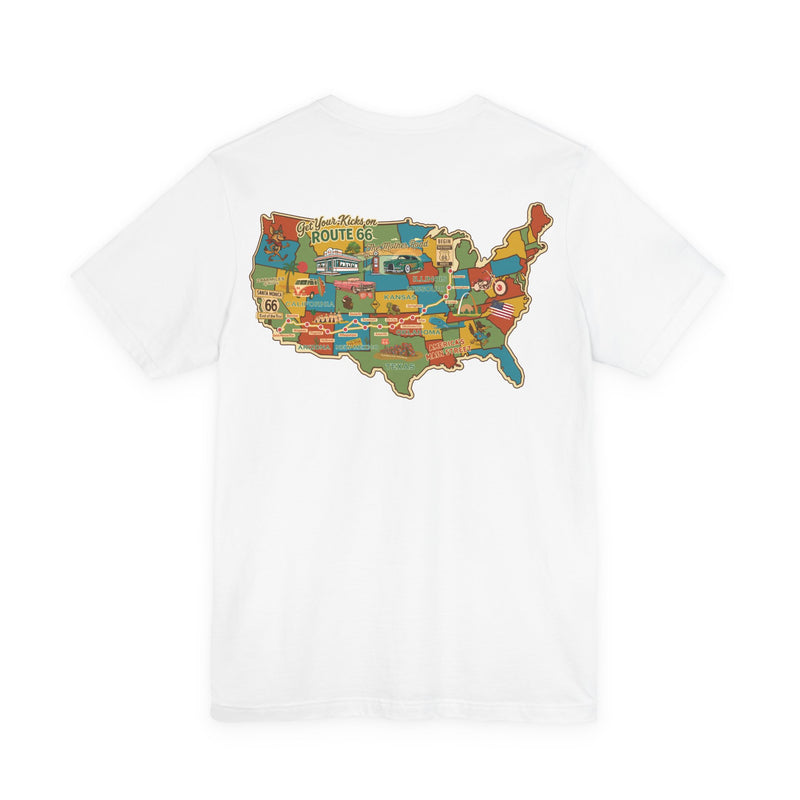 Legends of Route 66 100th Anniversary Landmark Map Design Cotton Front and Back Printed Short Sleeve Tee