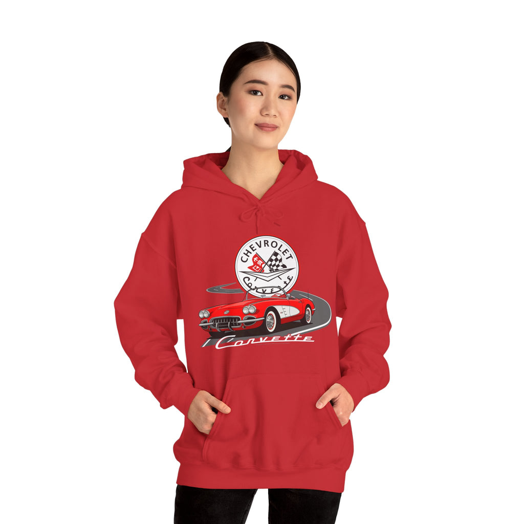 C1 Corvette Emblem & Track Cotton Blend Hooded Sweatshirt – Legends of the Road, Perfect for the Corvette Fan