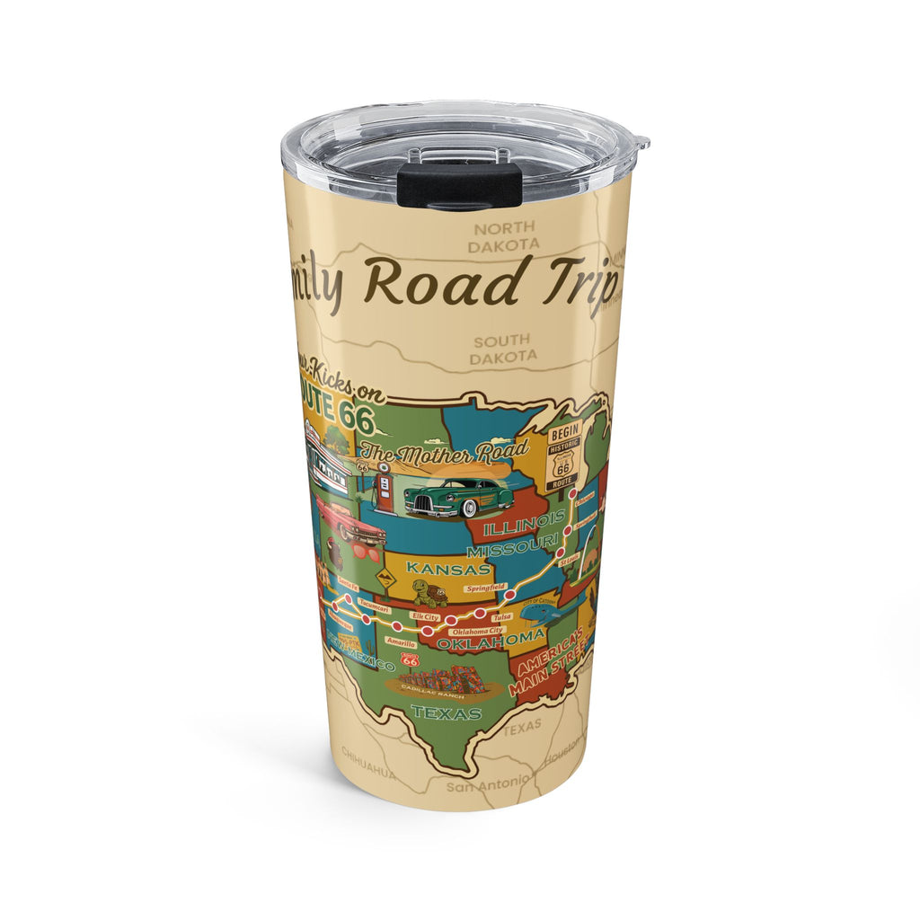 Tumbler with a map design and text on a white background