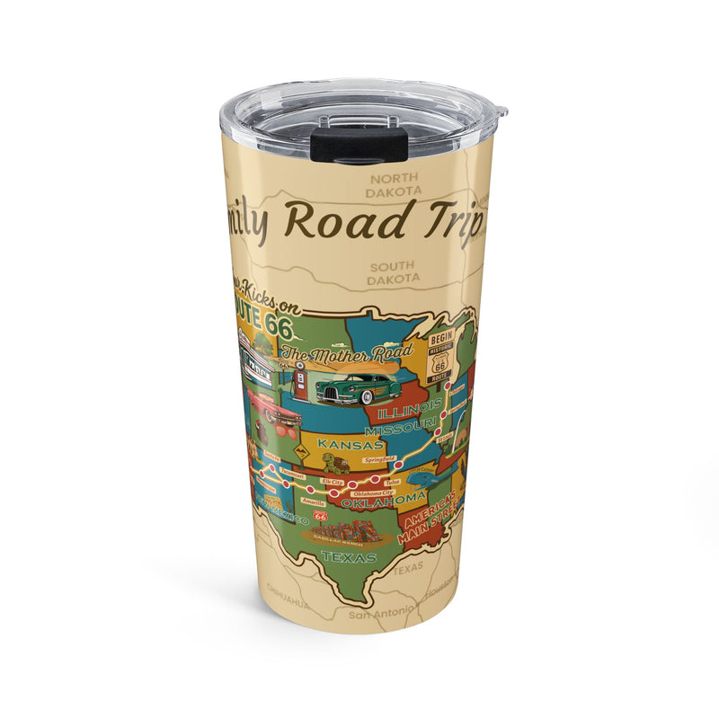 Tumbler with a map design and text on a white background