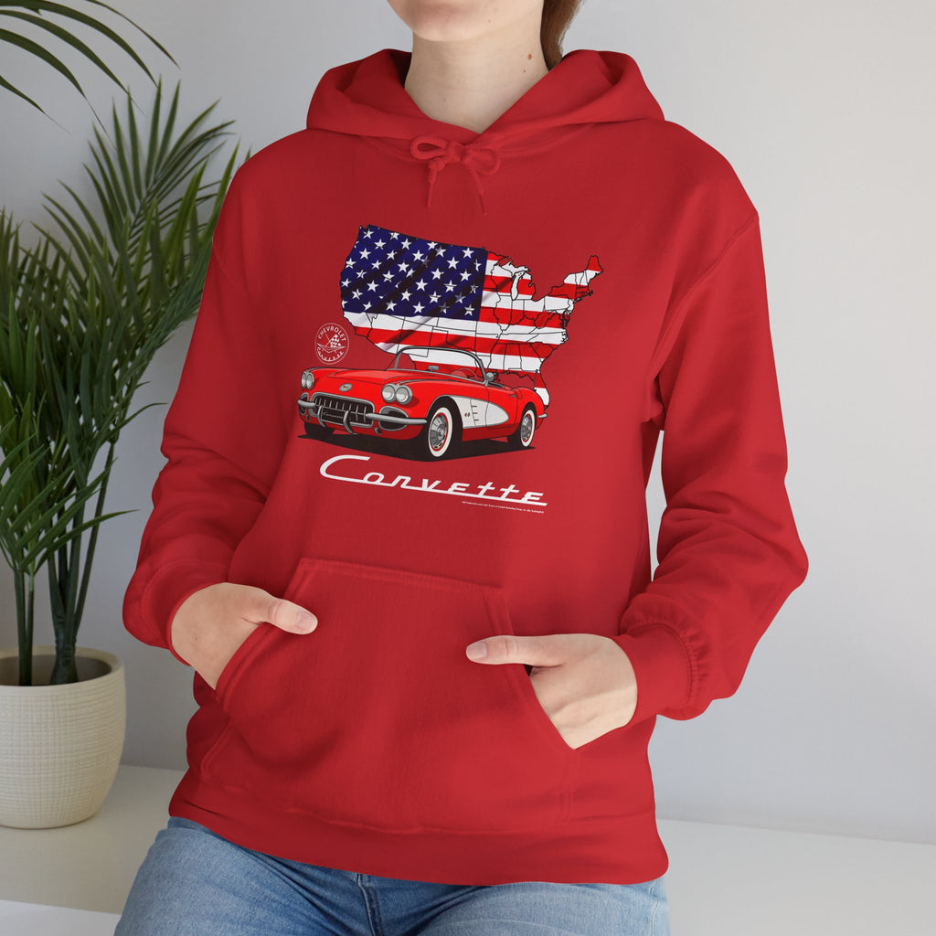 C1 Corvette American Flag Cotton Blend Hooded Sweatshirt – Legends of the Road, Perfect for the Corvette Fan