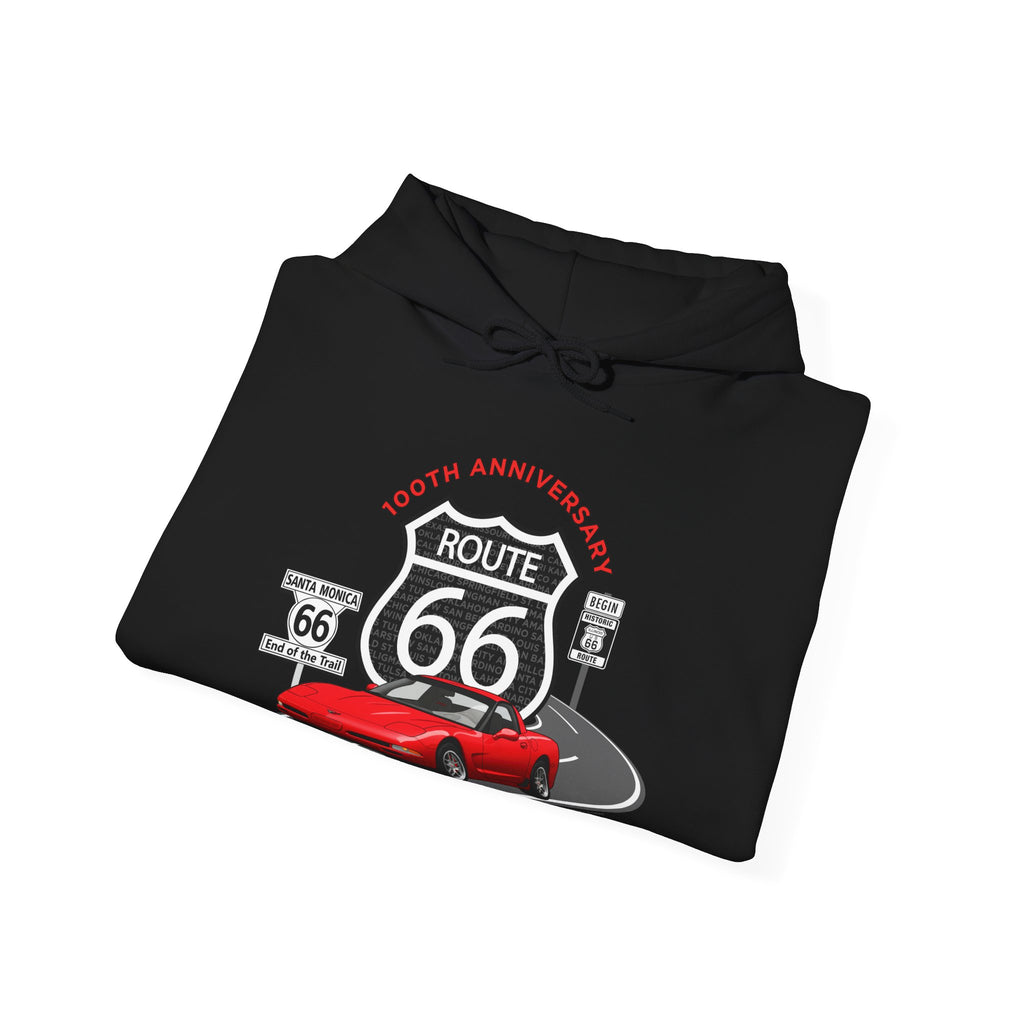 C5 Corvette Route 66 100th Anniversary Hooded Sweatshirt – Legends of the Road, Perfect for the Corvette Fan