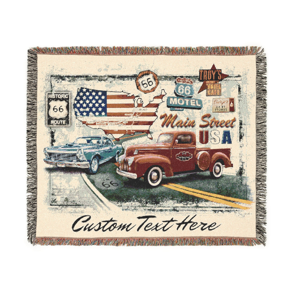 Route 66 Retro Images Personalized Scene by Renowned Artist Greg Giordano,  100% Cotton Woven Tapestry Blanket with Fringe,  50 x 60 inches, Made in the USA