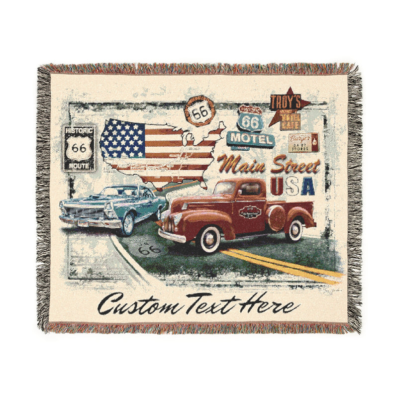 Route 66 Retro Images Personalized Scene by Renowned Artist Greg Giordano,  100% Cotton Woven Tapestry Blanket with Fringe,  50 x 60 inches, Made in the USA