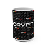 Corvette C4 15oz Ceramic Mug – Corvette Script & C4 Logos on Carbon Background, Perfect Corvette Fan Gift