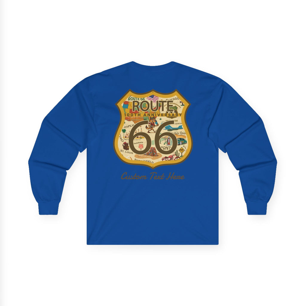 Legends of Route 66 100th Anniversary Iconic Highway Shield Design Cotton Front and Back Printed Personalized Tee- Long Sleeve