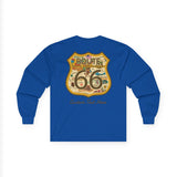 Legends of Route 66 100th Anniversary Iconic Highway Shield Design Cotton Front and Back Printed Personalized Tee- Long Sleeve