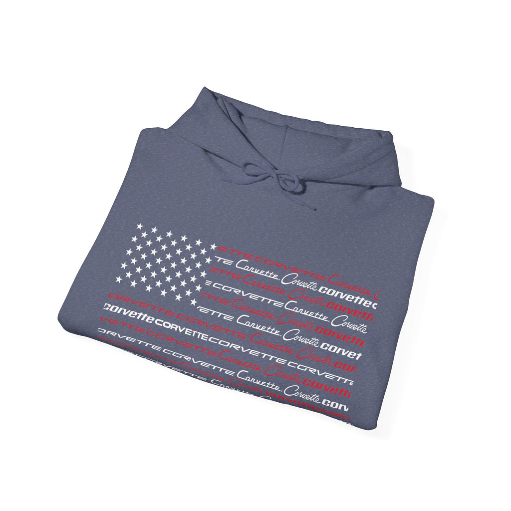 C1-C6 Corvette Script Logos American Flag Fleece Hoodie, Comfortable Unisex Hoodie for Corvette Enthusiasts, Classic Fit Pullover for Everyday Wear