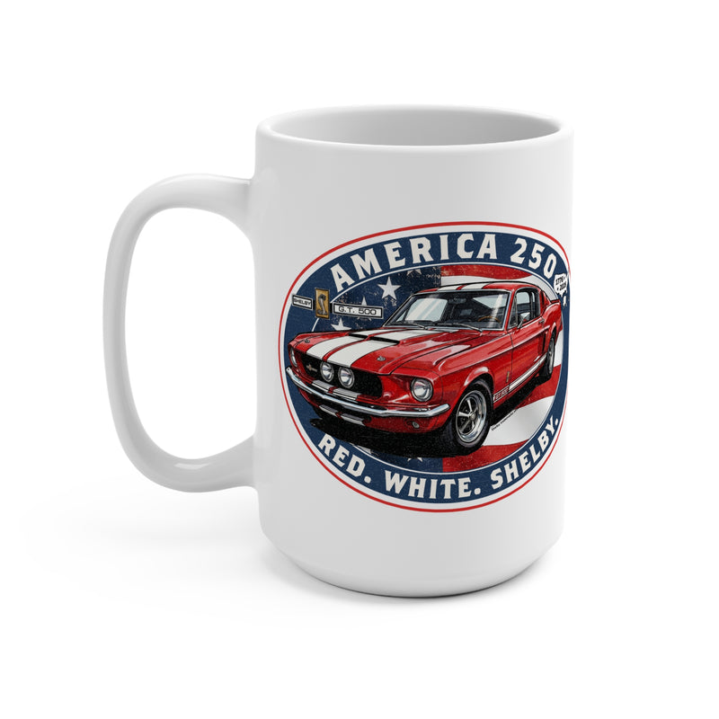 White mug with a red car design featuring 'America 250' text on a white background