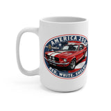 White mug with a red car design featuring 'America 250' text on a white background