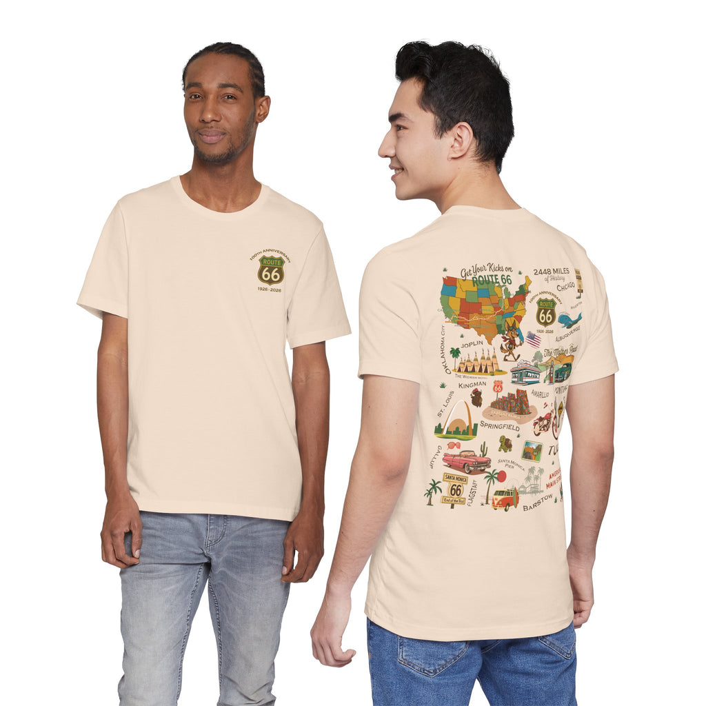 Legends of Route 66 100th Anniversary Landmark Collage Design Cotton Front and Back Printed Short Sleeve Tee