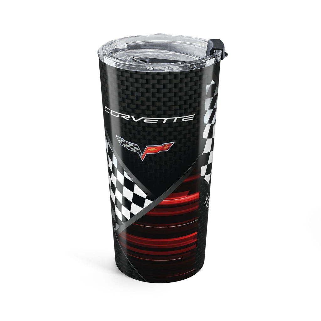 Tumbler with Corvette logo and checkered pattern on a white background