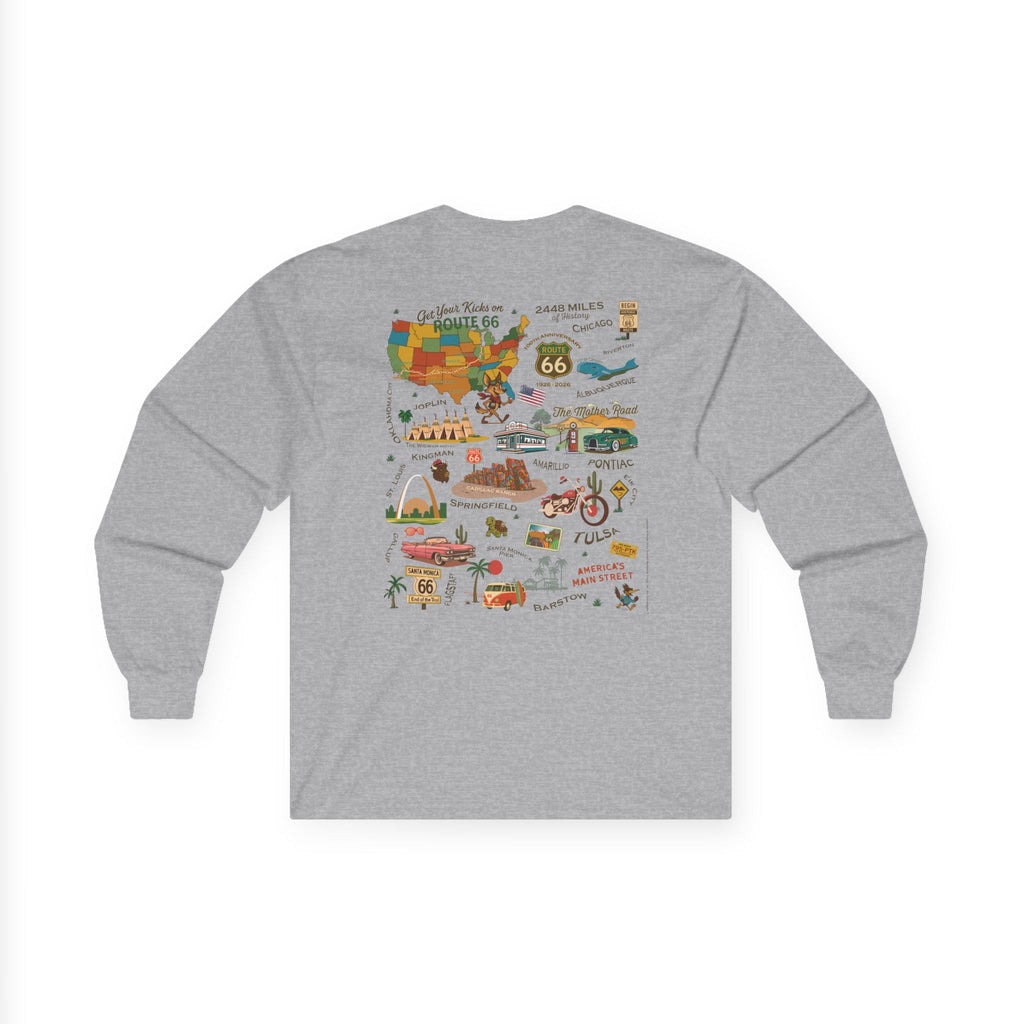 Legends of Route 66 100th Anniversary Landmark Collage Design Cotton Front and Back Printed Tee – Long Sleeve