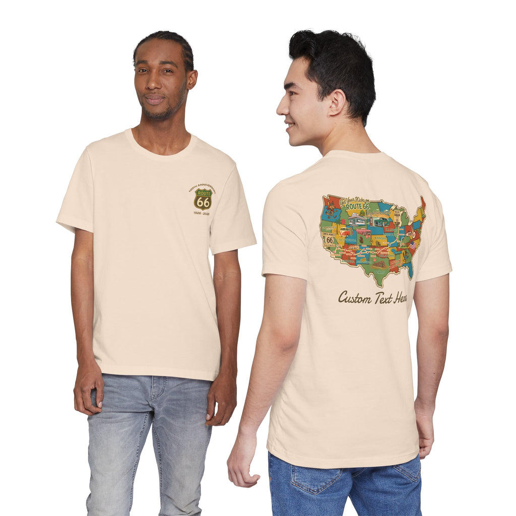 Legends of Route 66 100th Anniversary Landmark Map Design Cotton Front and Back Printed Personalized Short Sleeve Tee