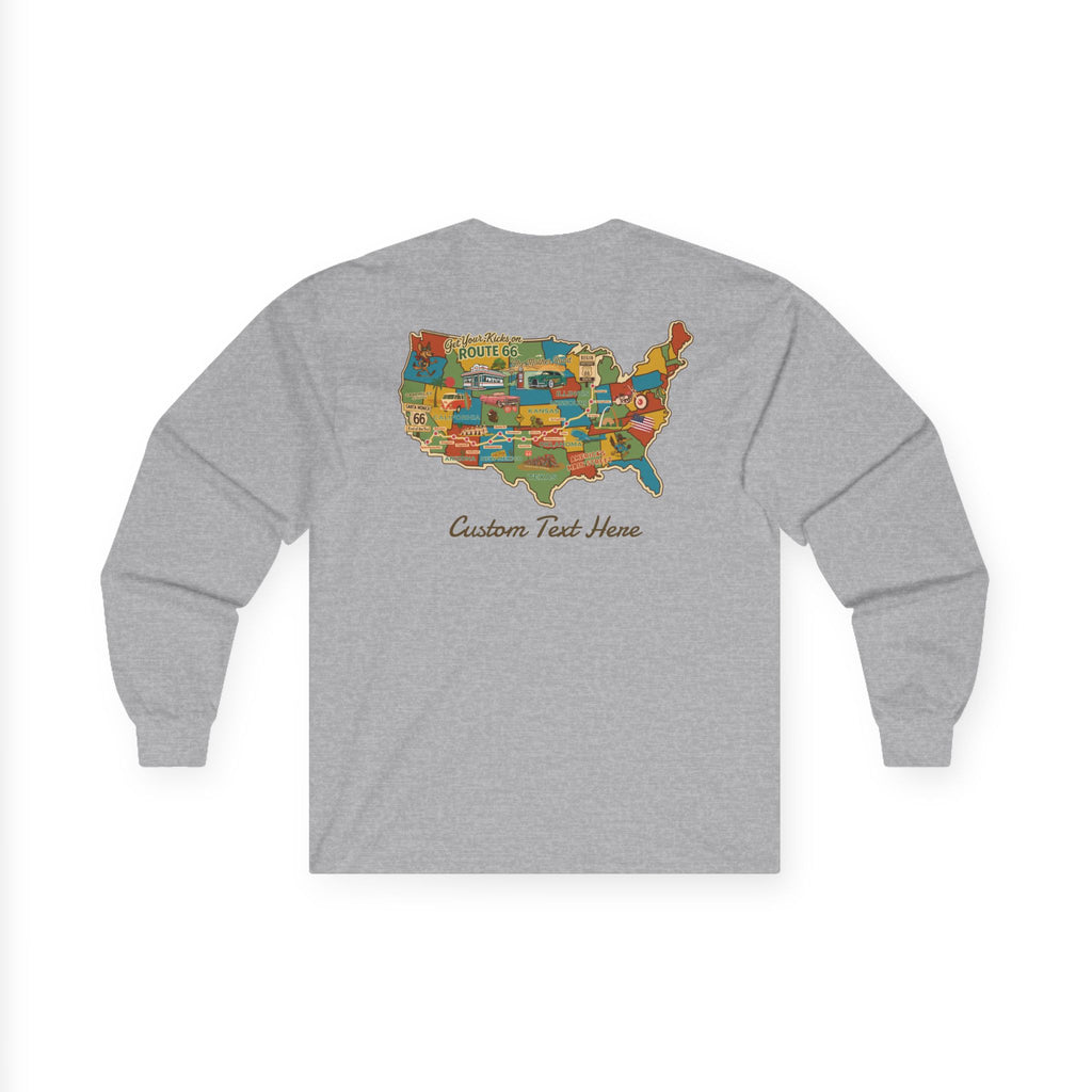 Legends of Route 66 100th Anniversary USA Map Cotton Front and Back Printed Personalized Tee- Long Sleeve
