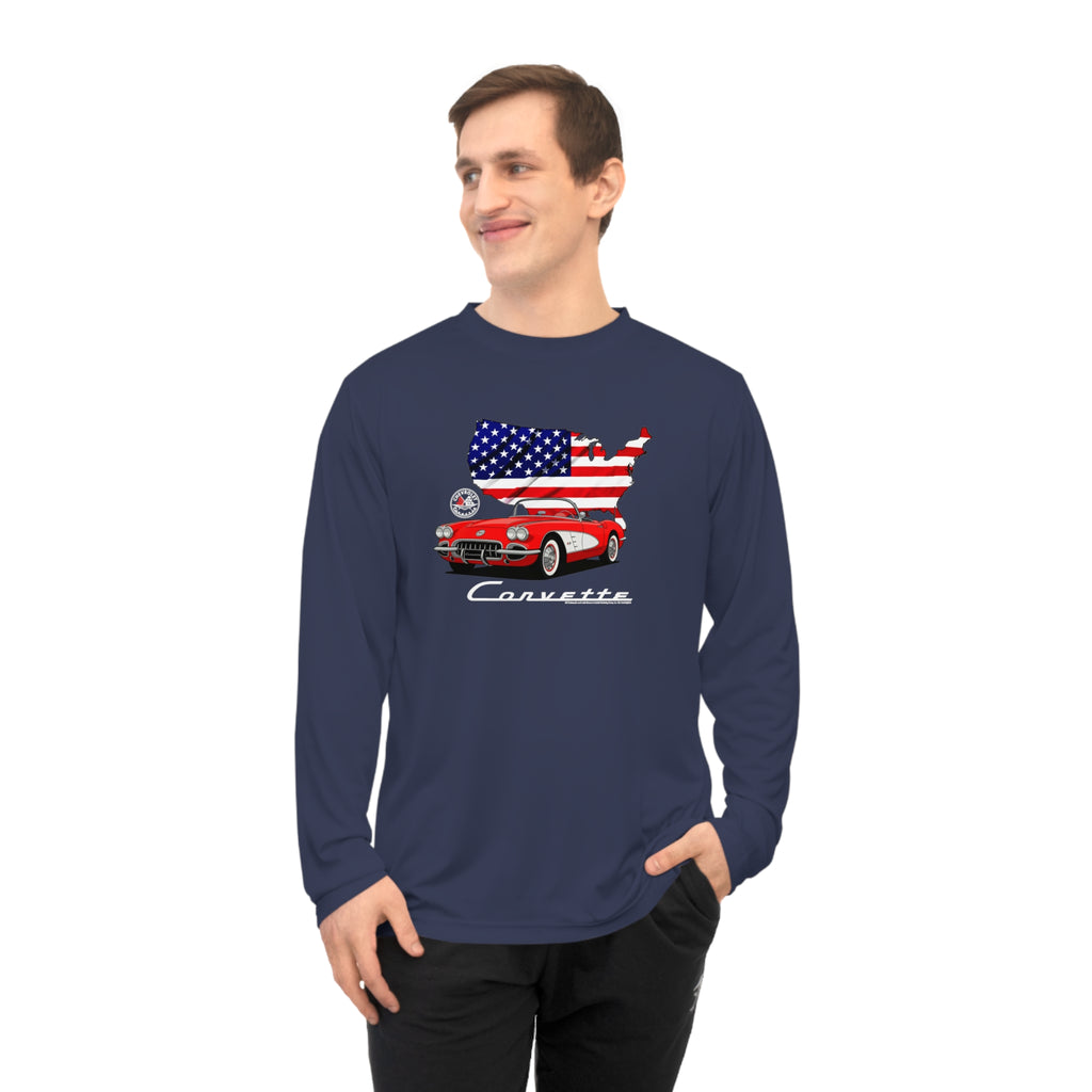 C1 Corvette American Flag Hooded Performance Long Sleeve Tee Legends of the Road – Perfect for the Corvette Fan