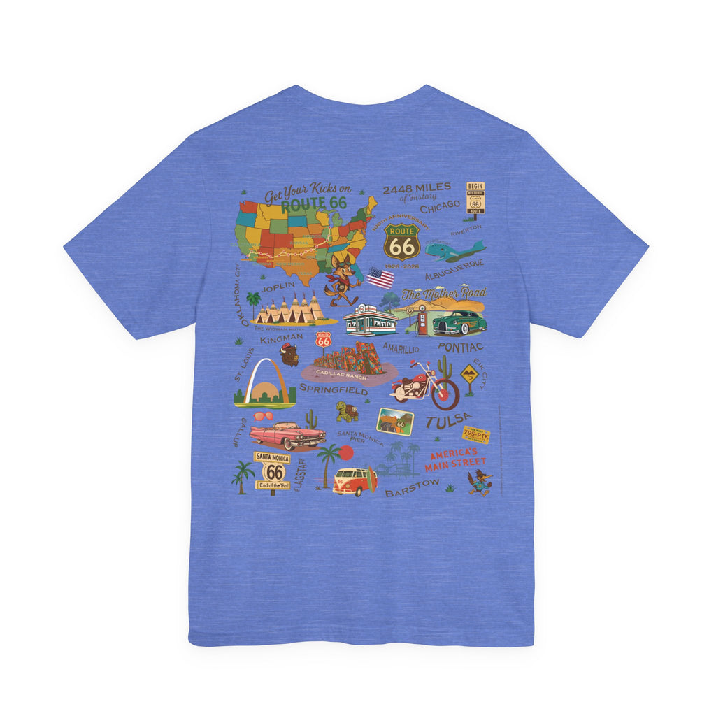 Legends of Route 66 100th Anniversary Landmark Collage Design Cotton Front and Back Printed Short Sleeve Tee