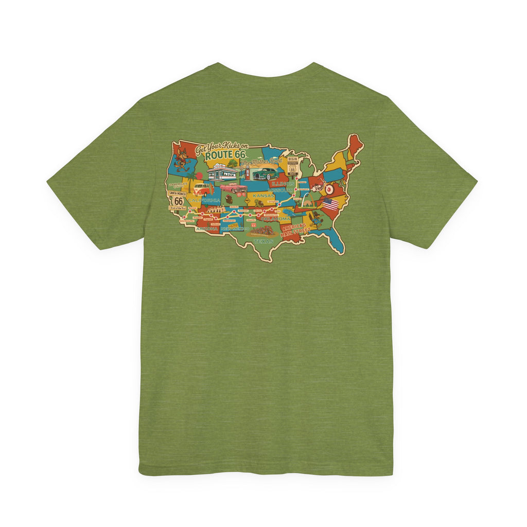 Legends of Route 66 100th Anniversary Landmark Map Design Cotton Front and Back Printed Short Sleeve Tee