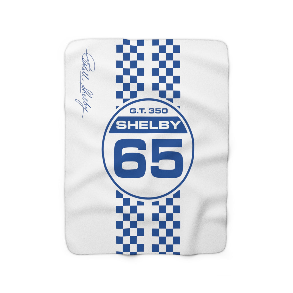Carroll Shelby 65 Racing Checkers Decorative White and Blue Sherpa Blanket