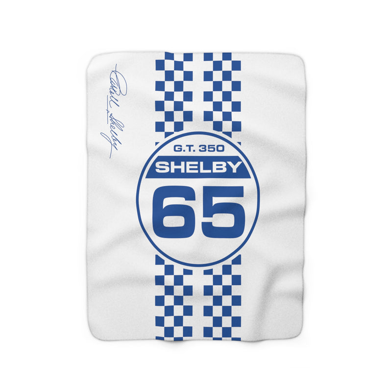 Carroll Shelby 65 Racing Checkers Decorative White and Blue Sherpa Blanket