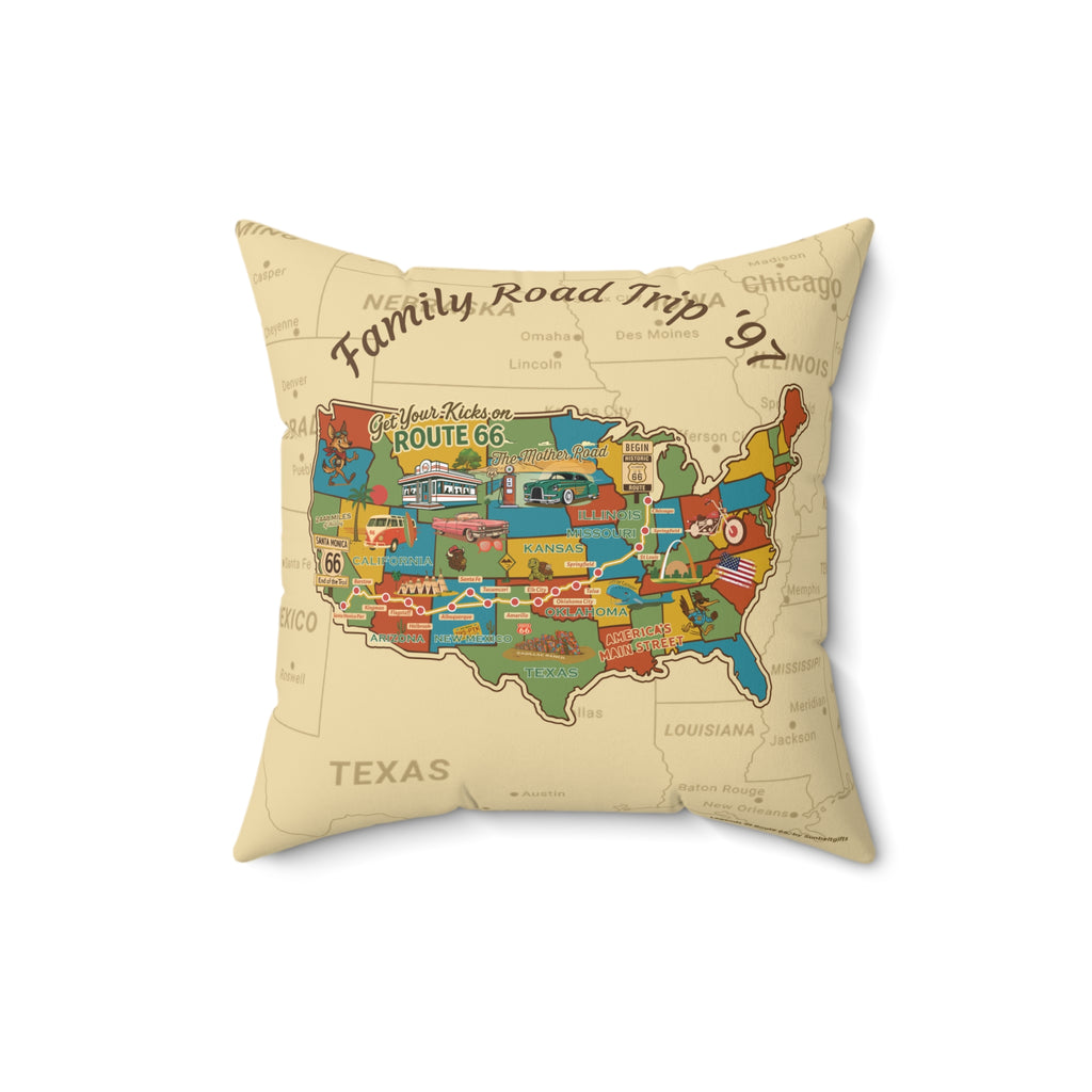 Pillow with a map design of the United States and text 'Family Road Trip '97' on a beige background.
