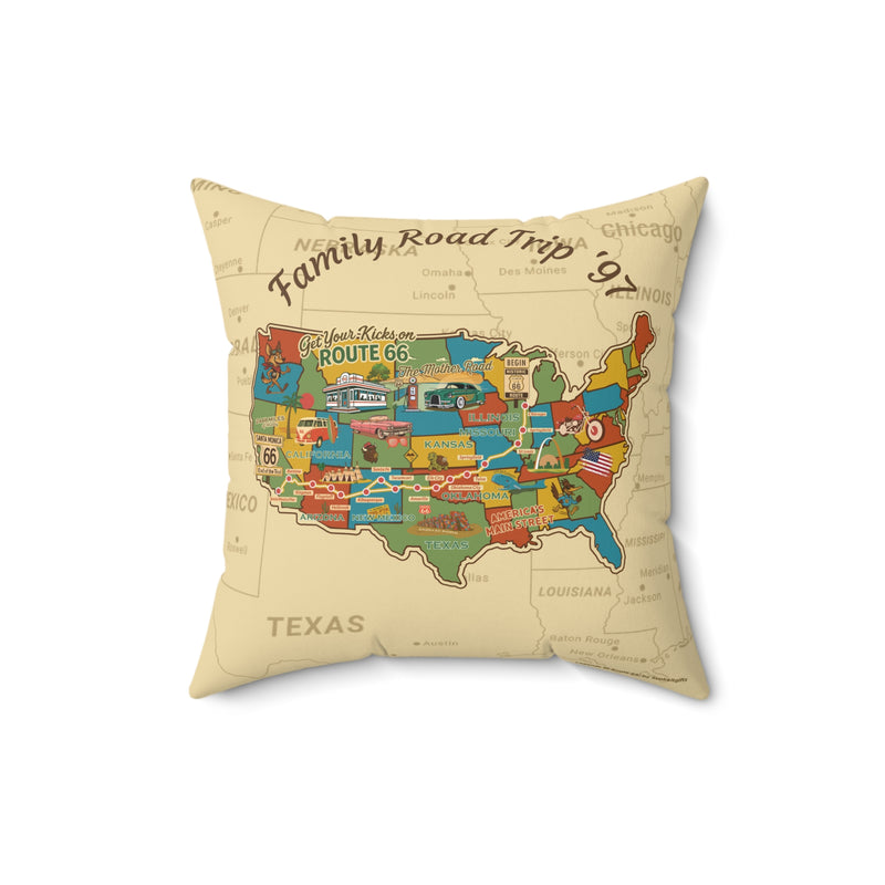 Pillow with a map design of the United States and text 'Family Road Trip '97' on a beige background.