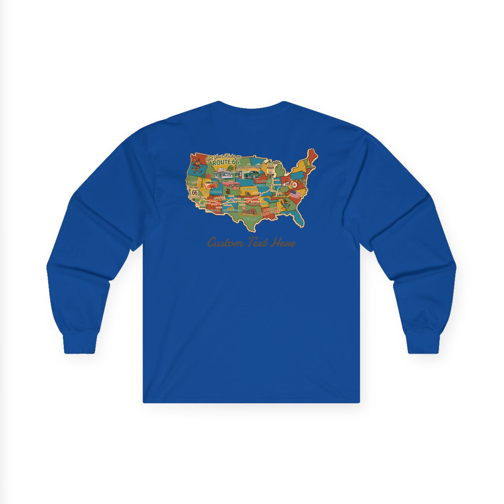 Legends of Route 66 100th Anniversary USA Map Cotton Front and Back Printed Personalized Tee- Long Sleeve