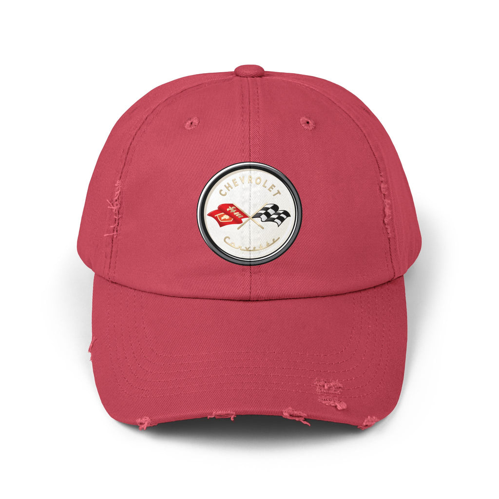 Corvette C1 Flag Logo Distressed Cap, One size adjustable hideaway strap.