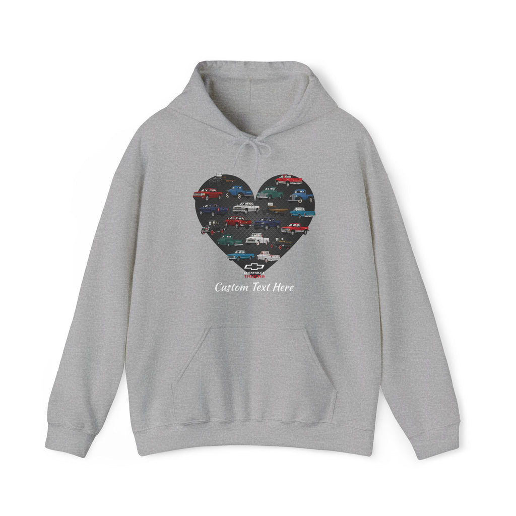 Personalized Unisex Chevy Trucks Heart Pullover Hoodie, Cotton-Blend Sweatshirt, Custom Gift for Chevrolet Truck Lovers