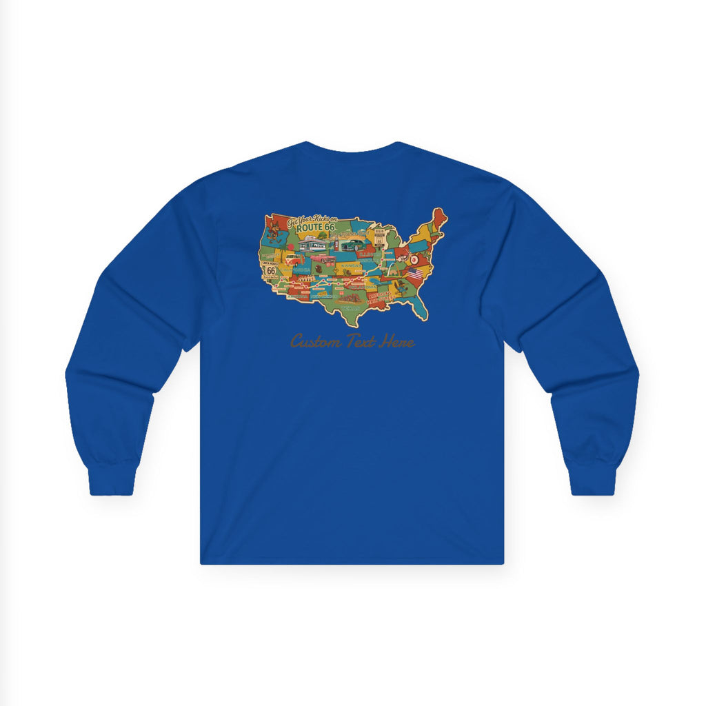 Legends of Route 66 100th Anniversary USA Map Cotton Front and Back Printed Personalized Tee- Long Sleeve