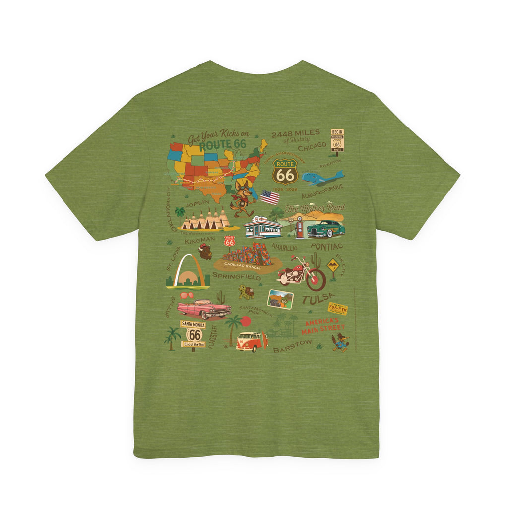 Legends of Route 66 100th Anniversary Landmark Collage Design Cotton Front and Back Printed Short Sleeve Tee