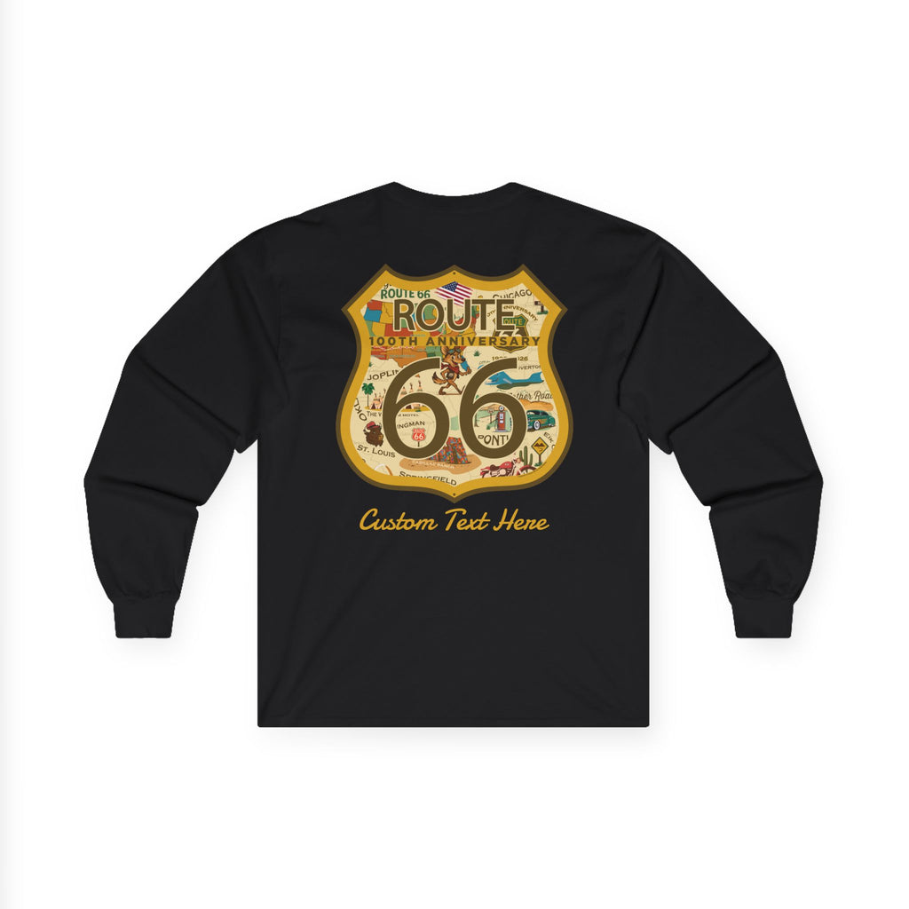 Legends of Route 66 100th Anniversary Iconic Highway Shield Design Cotton Front and Back Printed Personalized Tee- Long Sleeve