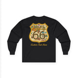 Legends of Route 66 100th Anniversary Iconic Highway Shield Design Cotton Front and Back Printed Personalized Tee- Long Sleeve