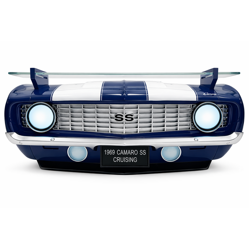 Sunbeltgifts 1969 Chevrolet Camaro SS Wandregal, Schwarz mit weißen Streifen, 49,5 x 15 x 20 cm, Sicherheitsglas, Batteriebetriebene LED-Scheinwerfer, Dekor für Chevy-Auto-Liebhaber, Geschenkidee für Muscle-Car-Fans

