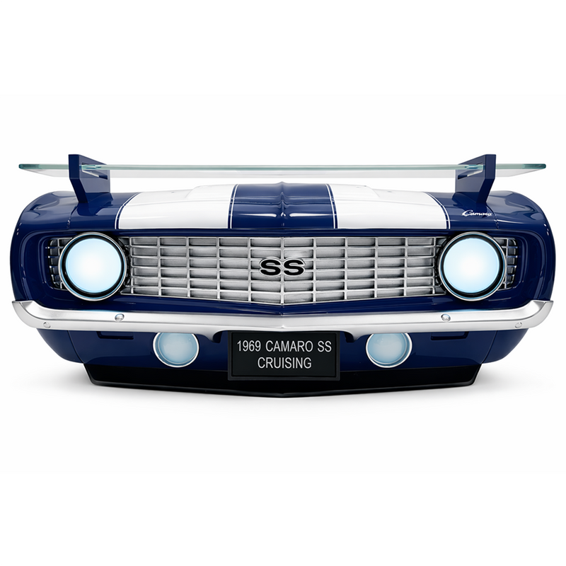 1969 Chevrolet Camaro SS Floating Wall Shelf, Lemans Blue with White Stripes, 19.5x6x8 inches, Tempered Glass, Battery Powered LED Headlights, Chevy Car Lovers Decor