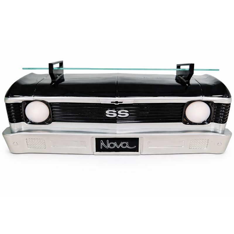 Sunbeltgifts Chevrolet Nova SS Floating Wall Shelf, Black, 19.3x6.3x6.9 inches, Tempered Glass, Battery Powered LED Headlights, Chevy Enthusiast Gift, Gifts Idea, Car Lover’s Decor, Nova Collector