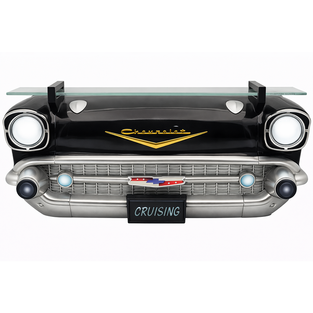 Sunbeltgifts 1957 Chevrolet Bel Air Wall Shelf, Floating Shelf, Tempered Glass, Black, 20x6.1x8 inches, Functional LED Headlights, Battery Operated, Chevy Decor, Unique Gift for Classic Car Enthusiast