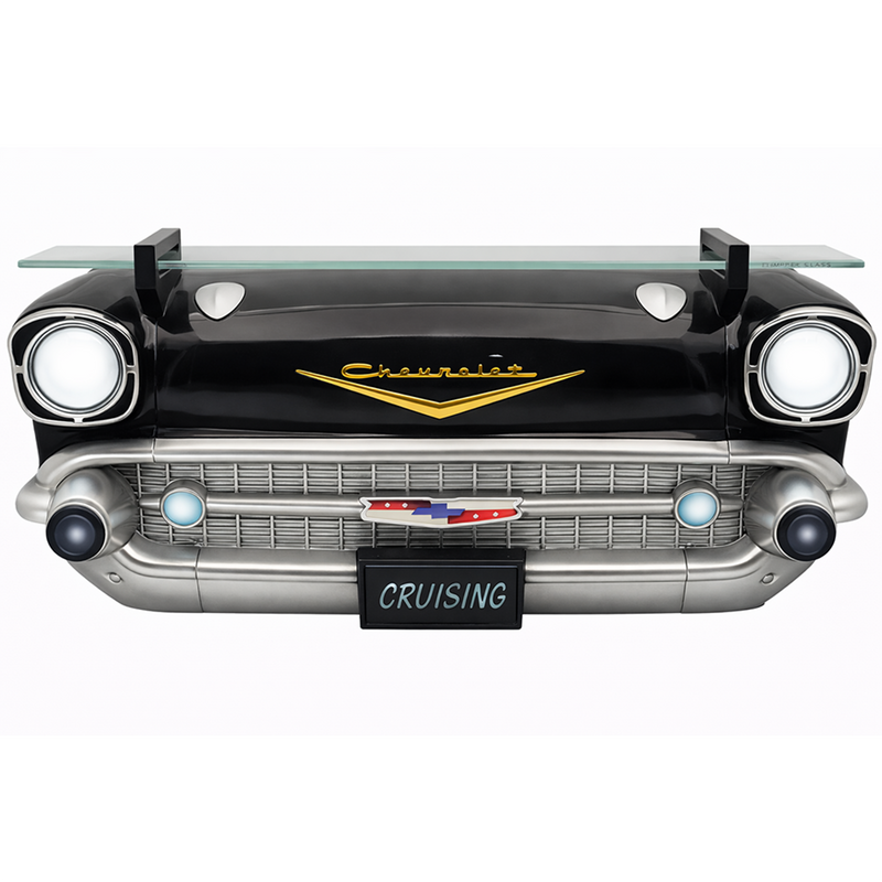 Sunbeltgifts 1957 Chevrolet Bel Air Wall Shelf, Floating Shelf, Tempered Glass, Black, 20x6.1x8 inches, Functional LED Headlights, Battery Operated, Chevy Decor, Unique Gift for Classic Car Enthusiast
