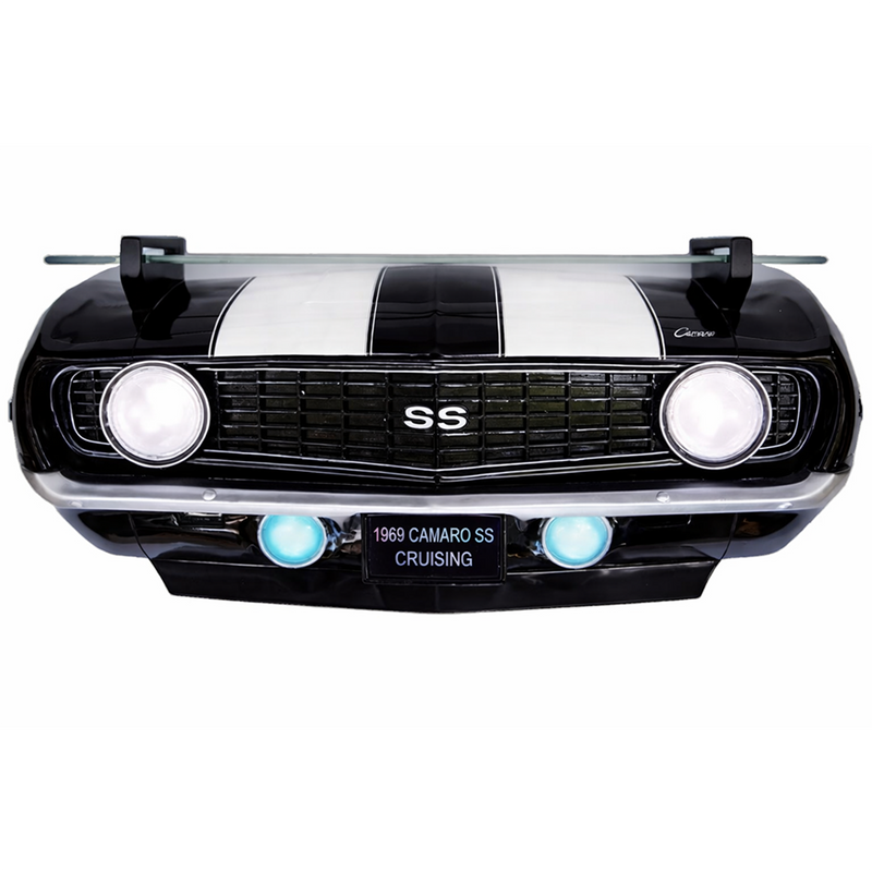 Sunbeltgifts 1969 Chevrolet Camaro SS Floating Wall Shelf, Black with White Stripes, 19.5x6x8 inches, Tempered Glass, Battery Powered LED Headlights, Chevy Car Lovers Decor, Muscle Car Fan Gift Idea