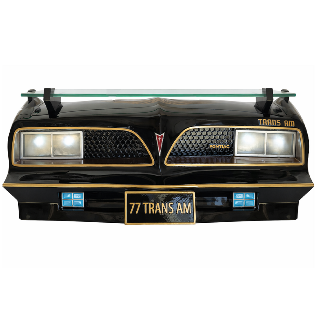Sunbeltgifts 1977 SE Pontiac Trans AM Wall Floating Shelf, Black and Golds, 19x7.1x7.2 inches, Tempered Glass, Battery Powered LED Headlights, Car Enthusiast Gift, Classic Car Decor, Pontiac Collector