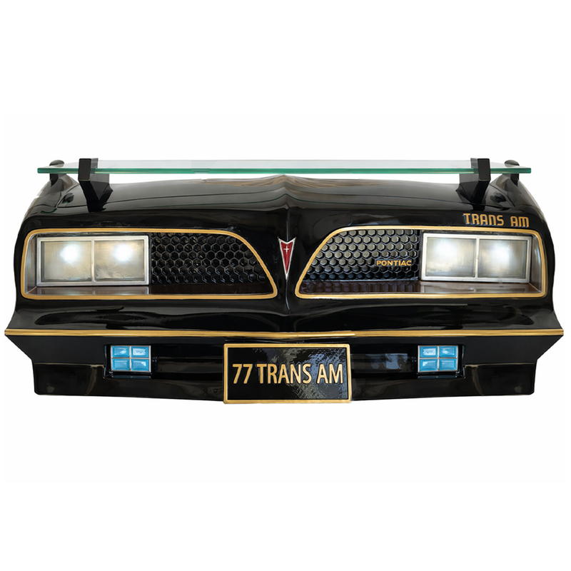 Sunbeltgifts 1977 SE Pontiac Trans AM Wall Floating Shelf, Black and Golds, 19x7.1x7.2 inches, Tempered Glass, Battery Powered LED Headlights, Car Enthusiast Gift, Classic Car Decor, Pontiac Collector
