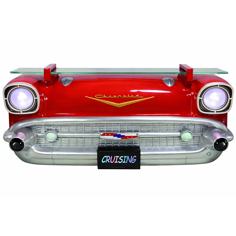 Sunbeltgifts 1957 Chevy Bel Air Wall Shelf, Floating Shelf, Red, 20x6.1x8 inches, Tempered Glass, LED Headlights, Battery Operated, Classic Car Wall Decor, Novelty Gift, Gift Idea for Car Fans