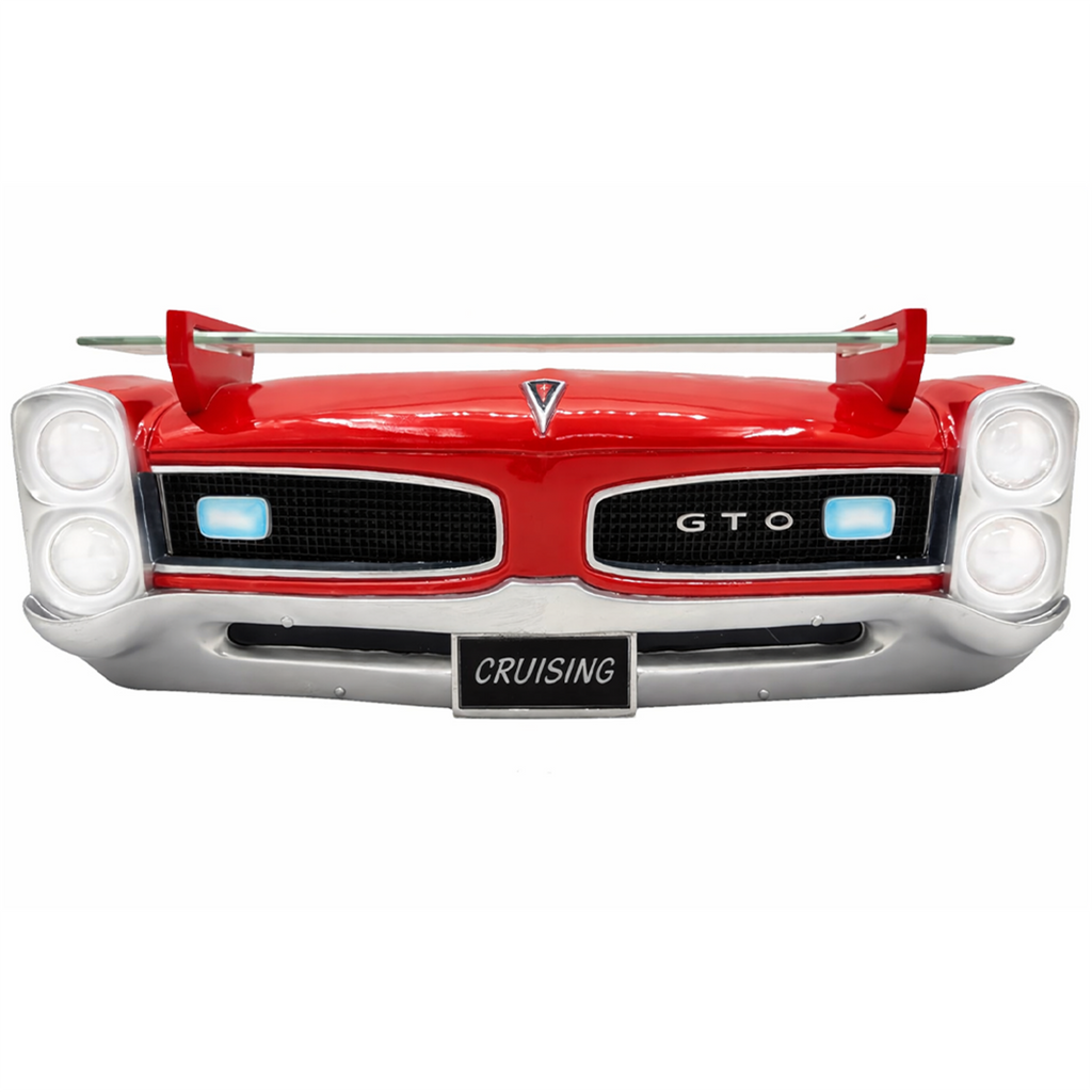 Sunbeltgifts 1966 Pontiac GTO Floating Wall Shelf, Red, 19.5x6.5x8 inches, Tempered Glass, Battery Operated LED Headlights, GTO fans, Gift for Vintage Car Enthusiasts, Man Cave Decor, Automotive Decor