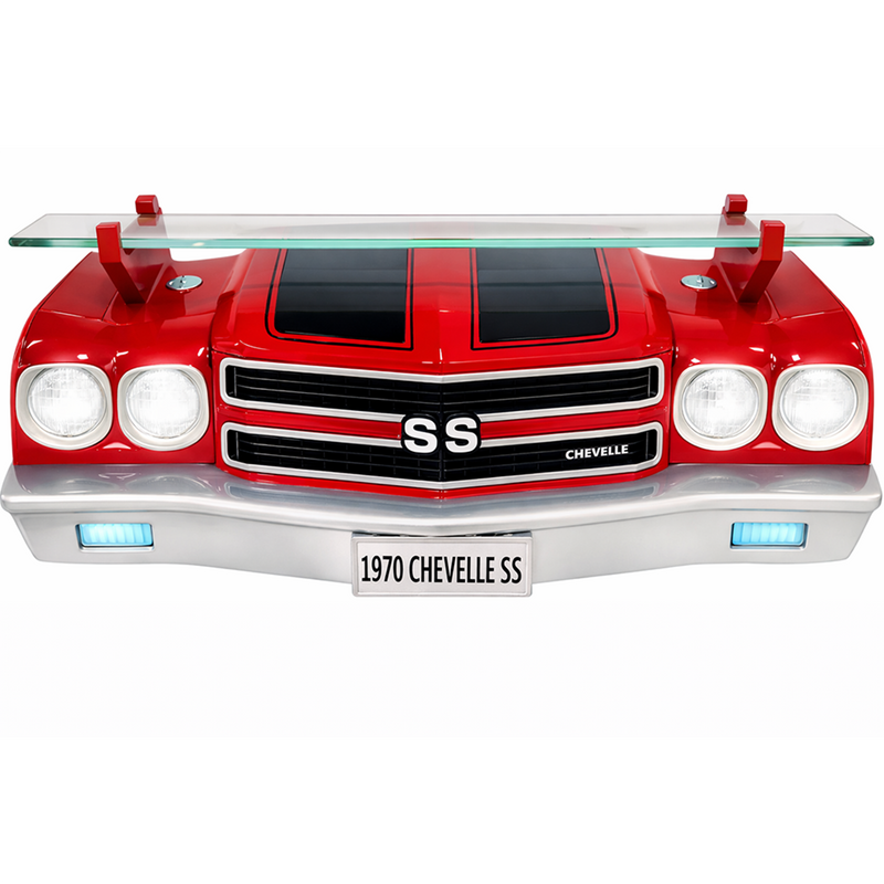 Sunbeltgifts 1970 Chevy Chevelle SS Floating Wall Shelf, Red with Black Stripes, LED Headlights, 19.5 x 6.7 x 6.7 inches, Tempered Glass, Classic Car Decor, Man Cave, Gifts for Car Enthusiasts