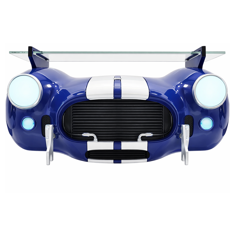 Sunbeltgifts Shelby Cobra 427 Wandregal, Blau mit weißen Streifen, 56x29x33 cm, gehärtetes Glas, batteriebetriebene LED-Scheinwerfer, Geschenk für Autoliebhaber,  Cobra-Sammlerstück