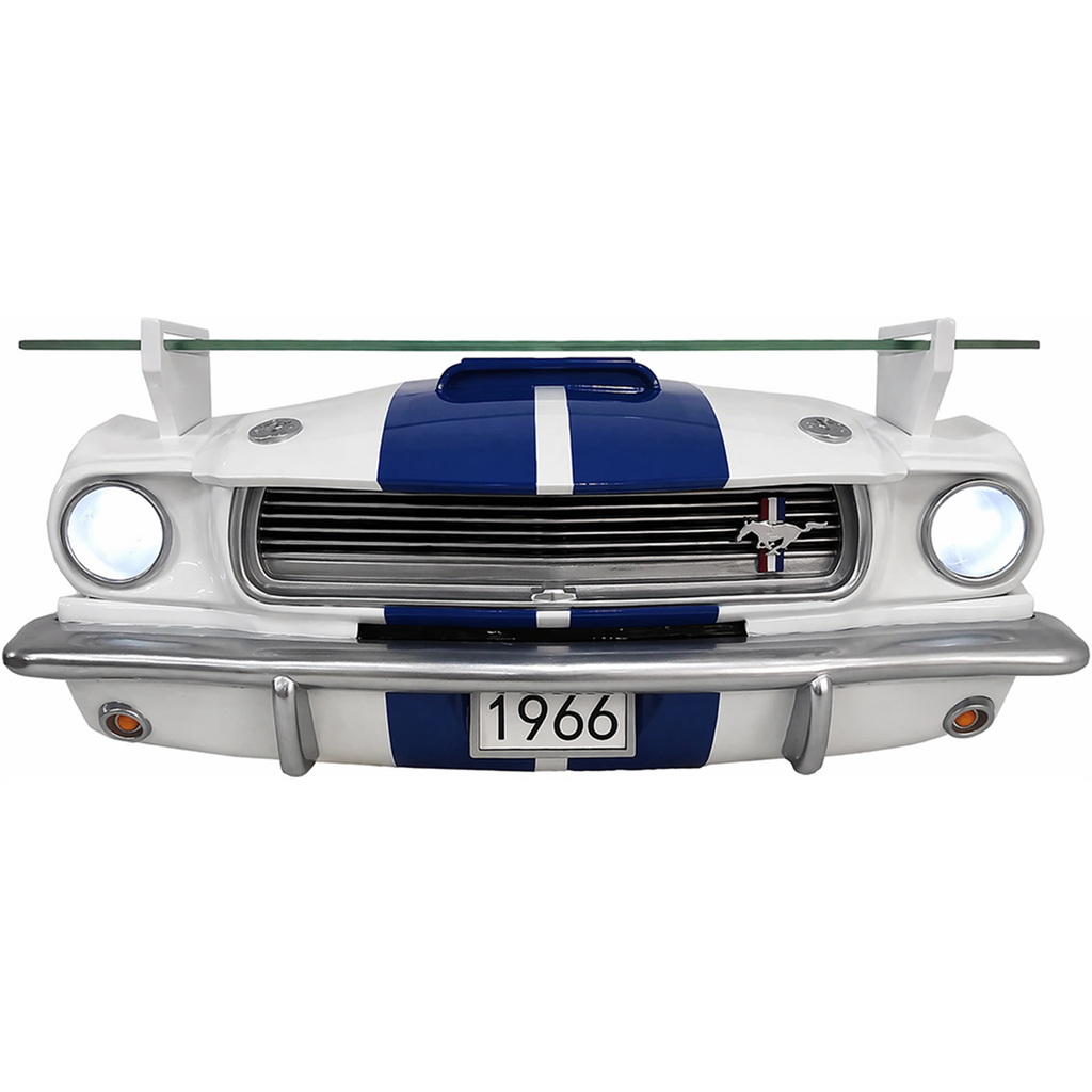 Sunbeltgifts 1966 Carroll Shelby GT350 Floating Shelf, White with Blue Stripes, 19.7x5.9x7.9 inches, Tempered Glass, LED Headlights, Automotive Wall Decor, Shelby Lover Gift, Vintage Car Enthusiast