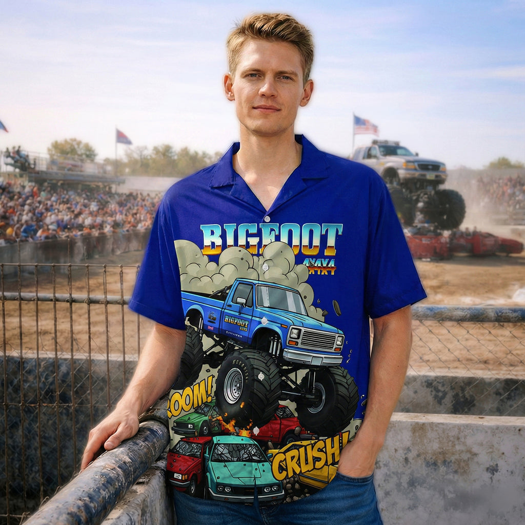 BIGFOOT 4x4 Monster Truck Hawaiian Shirt – VROOM & CRUSH Design, Blue Short Sleeve for Men