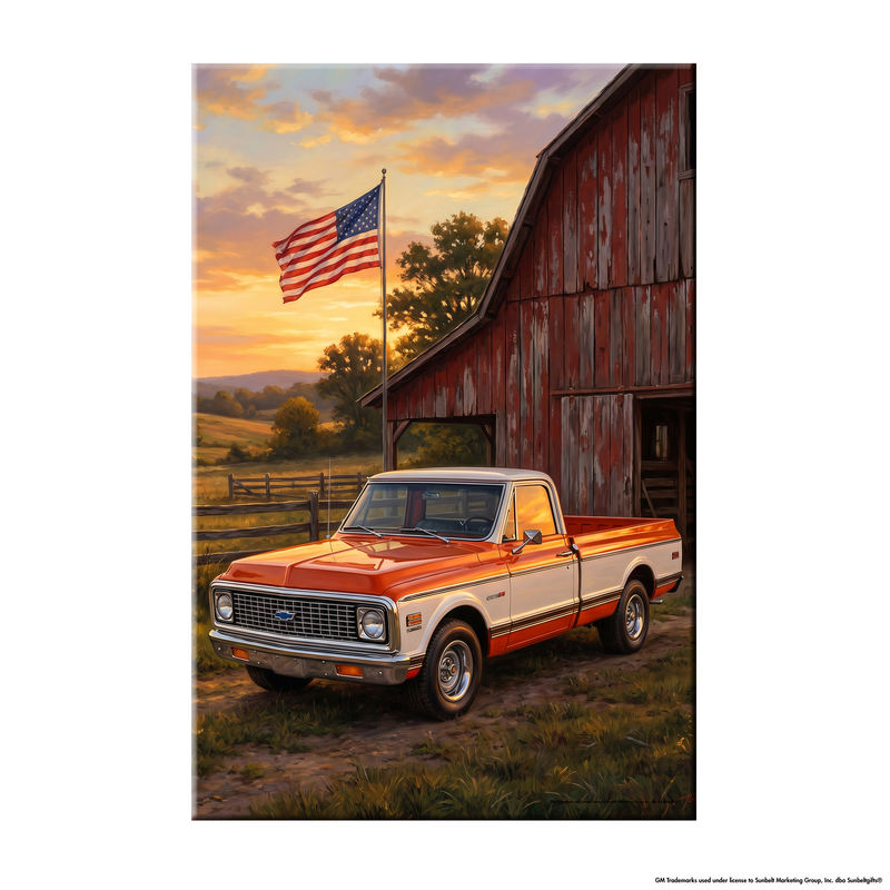 Chevy C10 Orange and White Barn with US Flag Canvas Wall Art
